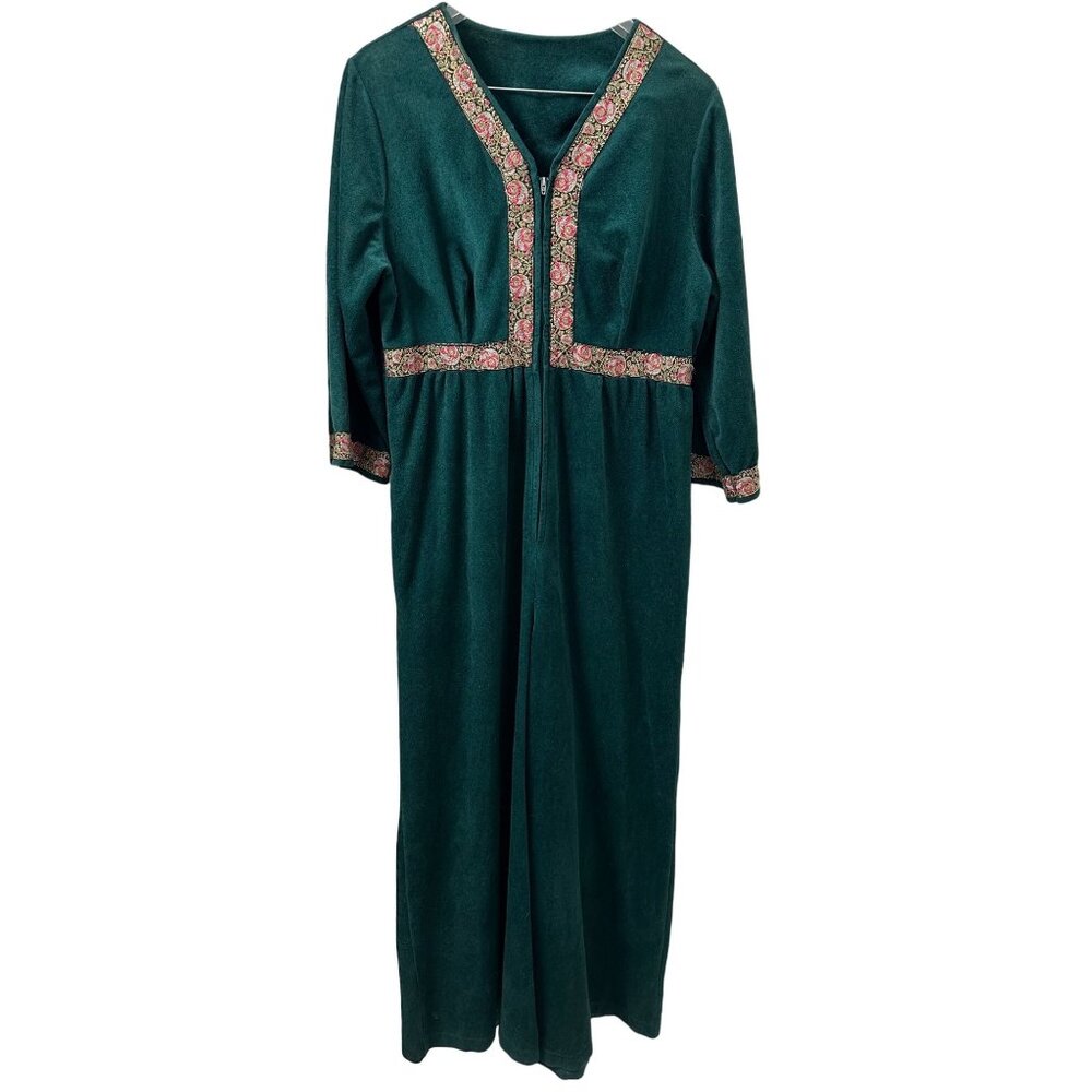 Vtg Danielle Green Velvet Jumper Wide Leg Zip Closure women’s M-L 70 style Read